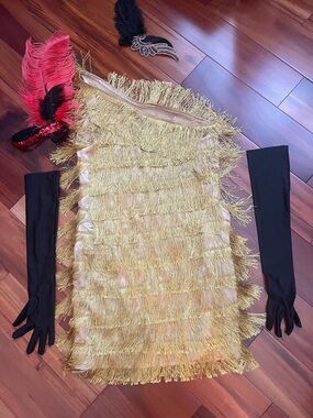 Gold Fringe Flapper Dress with Black Opera Gloves